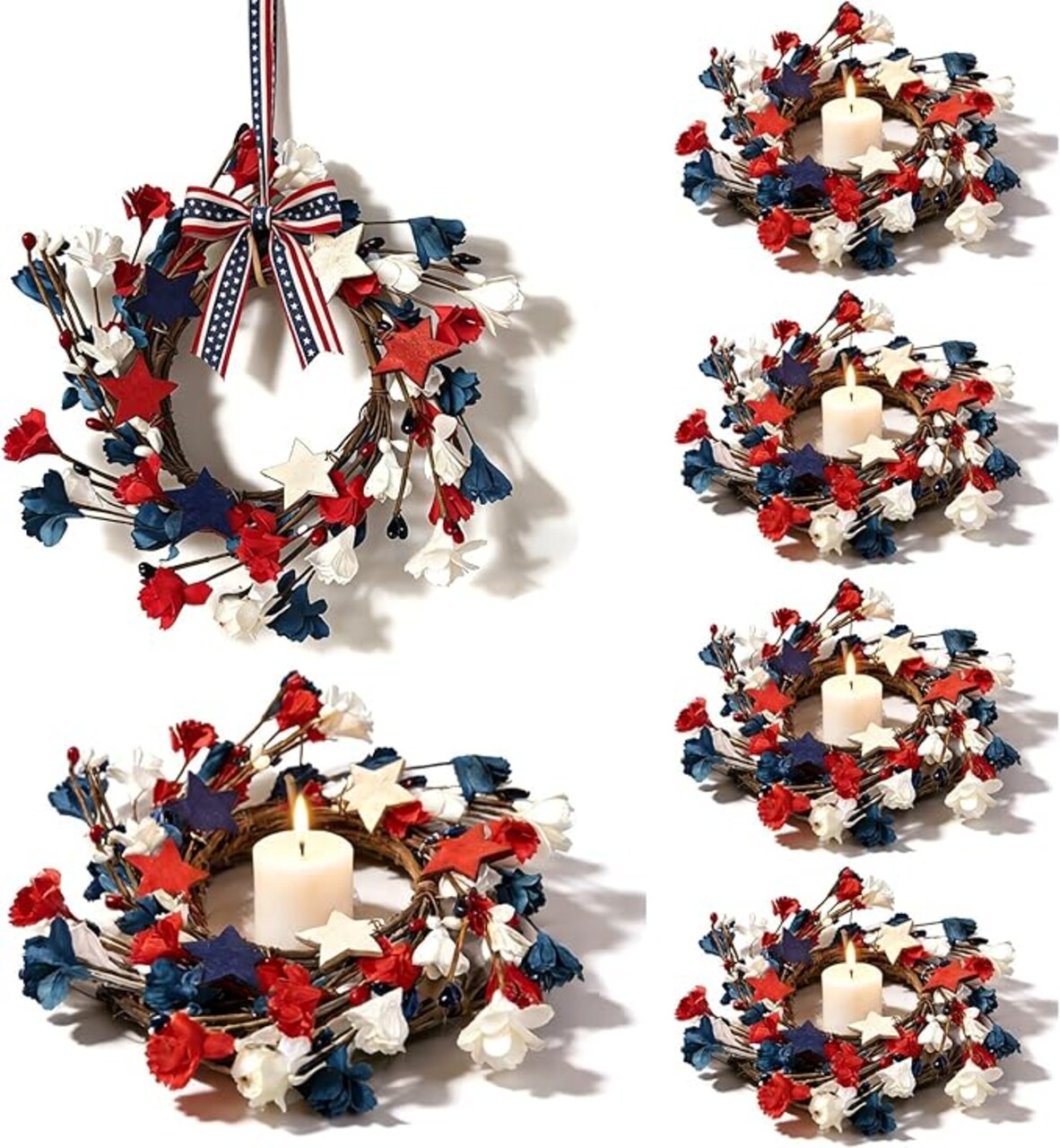 6pc Mini Patriotic Candle Ring Wreaths - 4th of July Red, White & Blue Decor